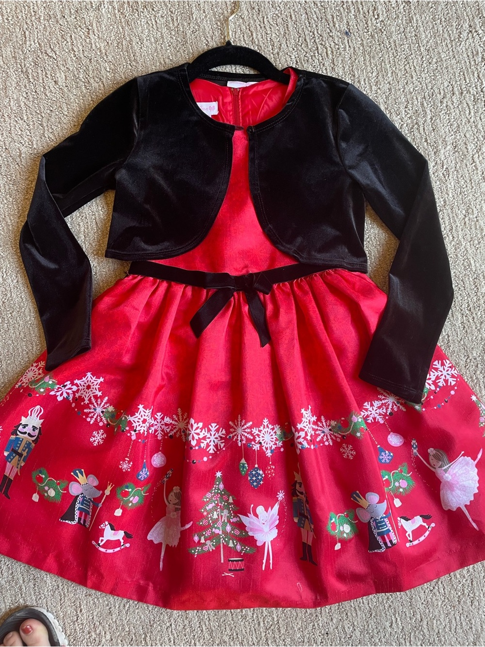 Bonnie Jean Red Nutcracker Print Dress with Black Velvet Bolero
